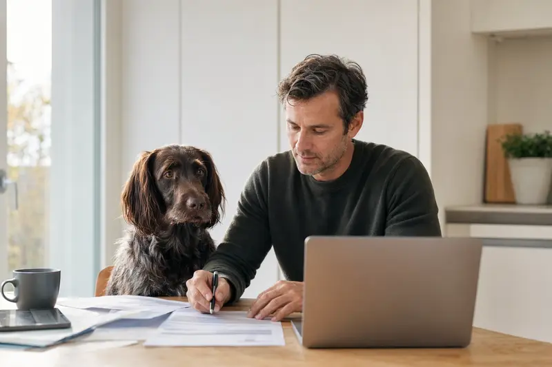 Ein Deutscher Vorstehhund mit langem Fell sitzt ruhig neben seinem Besitzer am Küchentisch mit Versicherungsunterlagen und einem Laptop für den Hundekrankenversicherungsvergleich.
