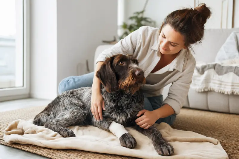 Ein Deutscher Vorstehhund (Langhaar) mit leichtem Verband an der Pfote liegt ruhig auf einer Decke, während sein erleichterter Besitzer neben ihm sitzt.