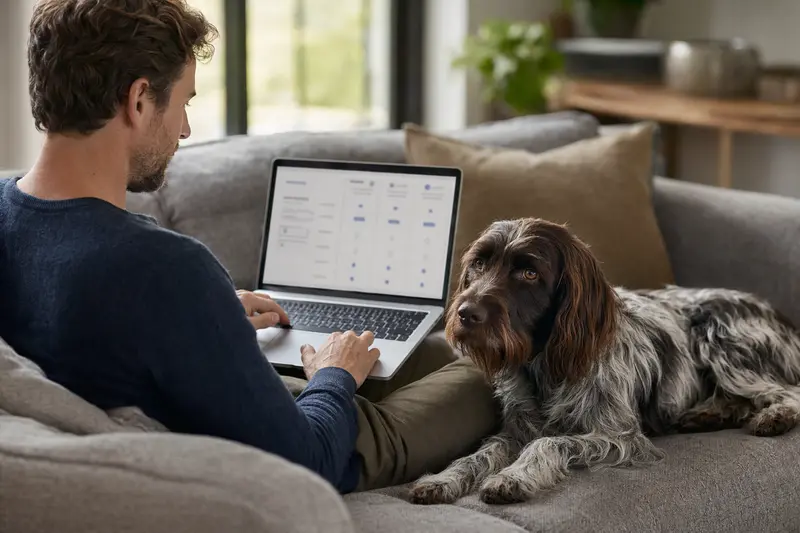 Ein Hundebesitzer arbeitet am Laptop auf dem Sofa, während ein Deutscher Vorstehhund entspannt daneben liegt und eine Versicherungsvergleichsseite im Hintergrund angezeigt wird.