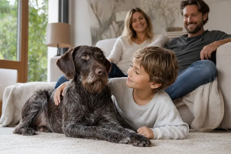 Ein entspannter, stichelhaariger Deutscher Vorstehhund liegt neben einem Kind im Wohnzimmer, während die Eltern im Hintergrund eine warme, familiäre Atmosphäre genießen.