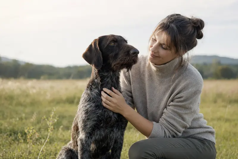 Ein aufmerksamer Deutscher Vorstehhund mit stichelhaarigem Fell steht in natürlicher Haltung vor hellem neutralem Hintergrund.