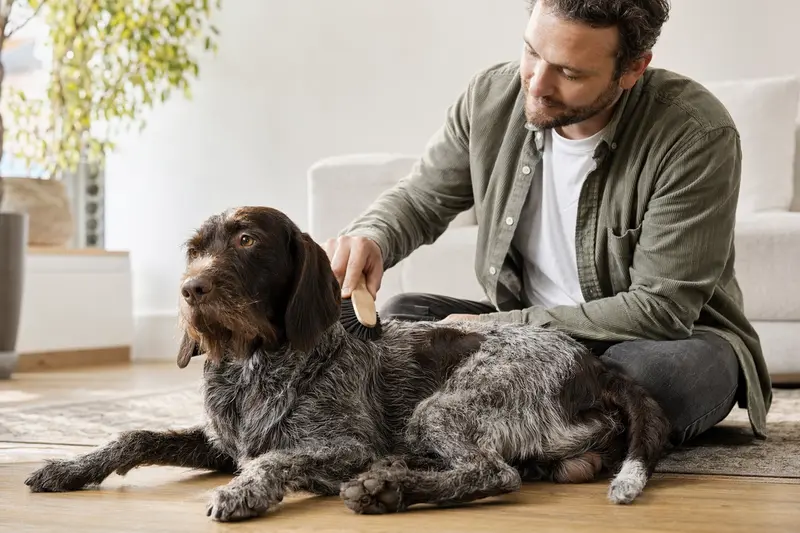 Ein Deutscher Vorstehhund wird in einer hellen Wohnung sanft gebürstet, während sein Besitzer sich liebevoll um die Fellpflege kümmert.