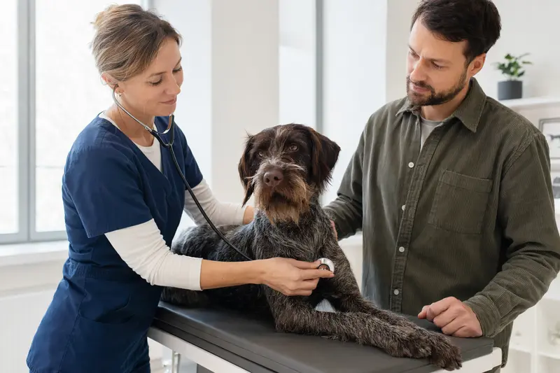 Ein stichelhaariger Deutscher Vorstehhund wird von einer freundlichen Tierärztin mit einem Stethoskop in einer modernen Tierarztpraxis untersucht.