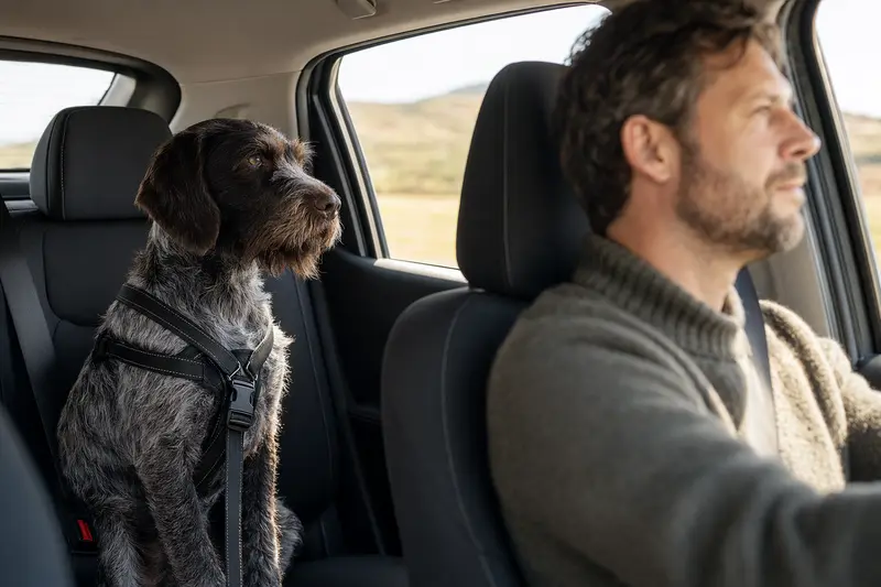 Ein stichelhaariger Deutscher Vorstehhund sitzt sicher auf der Rückbank eines Autos, während das Sonnenlicht durch das Fenster strömt.