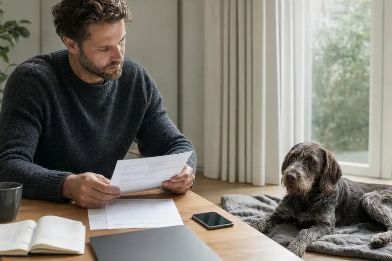 Besitzer sitzt mit Tierarztrechnung am Tisch, während ein entspannter Deutscher Vorstehhund auf einer Decke liegt und eine Hundeversicherung thematisiert wird.