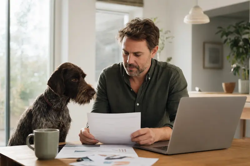 Ein Deutscher Vorstehhund sitzt entspannt neben seinem Besitzer am Küchentisch mit Versicherungsunterlagen und einem Laptop.