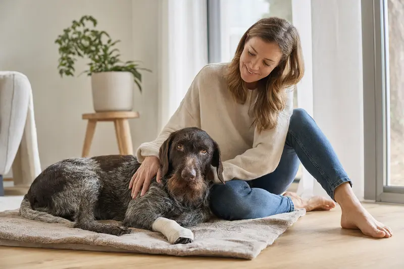 Ein stichelhaariger Deutscher Vorstehhund mit leichtem Verband an der Pfote entspannt auf einer Decke, während sein erleichterter Besitzer neben ihm sitzt.