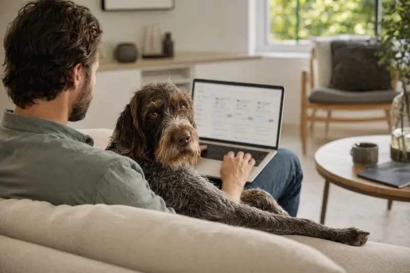 Ein Hundebesitzer mit Laptop auf dem Sofa, neben einem Deutschen Vorstehhund, während er einen Versicherungsvergleich für Tierärzte durchführt.