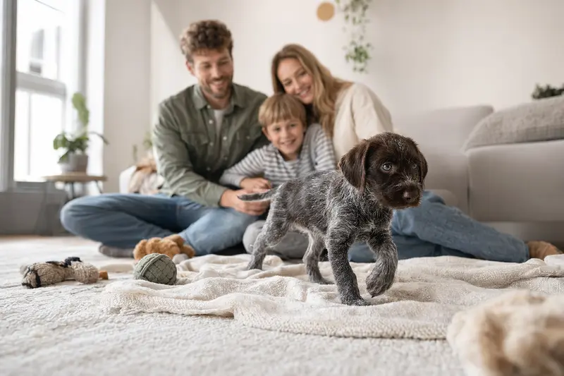 Ein neugieriger stichelhaariger Deutscher Vorstehhund Welpe entdeckt sein neues Zuhause auf einer weichen Decke.