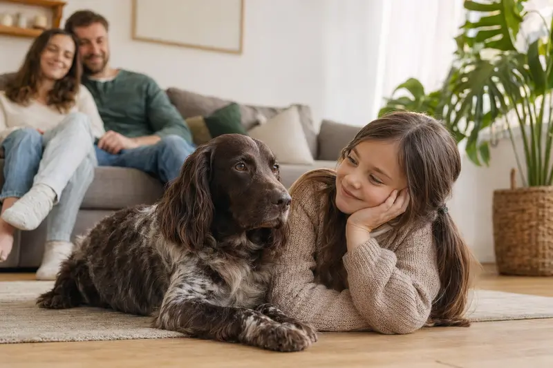 Ein entspannter Deutscher Wachtelhund liegt neben einem Kind im Wohnzimmer und schafft eine vertrauensvolle Atmosphäre.