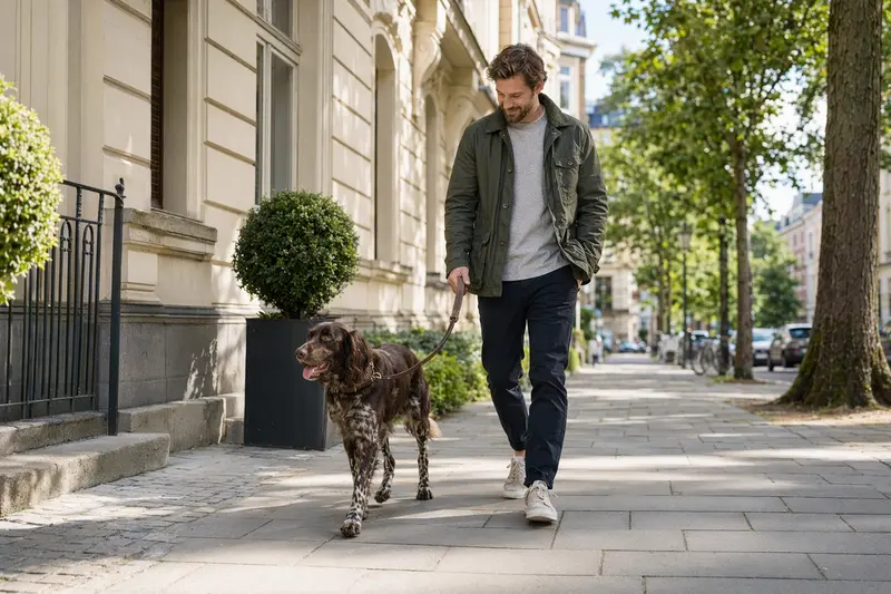Ein Deutscher Wachtelhund läuft entspannt an der Leine mit seinem Besitzer durch eine saubere moderne Stadtstraße.