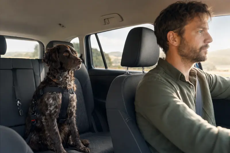 Ein sicher angeschnallter Deutscher Wachtelhund auf der Rückbank eines Autos, während die Sonne durch das Fenster scheint.