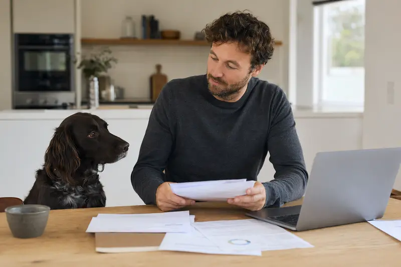 Ein Deutscher Wachtelhund sitzt neben seinem Besitzer am Küchentisch, auf dem Versicherungsunterlagen und ein Laptop liegen.