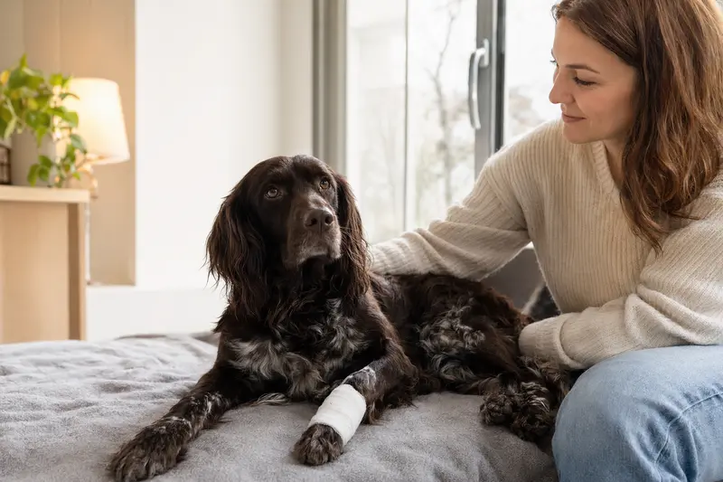 Ein entspannter Deutscher Wachtelhund mit leichtem Verband an der Pfote liegt neben seinem erleichterten Besitzer auf einer Decke in einer hellen Wohnung.