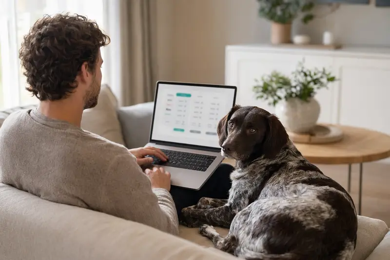 Ein Hundebesitzer vergleicht Versicherungen am Laptop, während sein Deutscher Wachtelhund neben ihm sitzt.