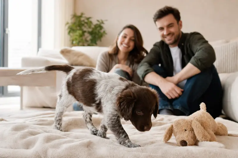 Ein Deutscher Wachtelhund Welpe erkundet neugierig sein neues Zuhause mit einer weichen Decke und einem Spielzeug, während eine liebevolle Familie im Hintergrund zu sehen ist.