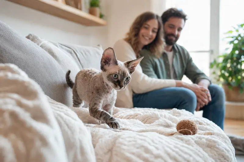 Ein neugieriges Devon Rex Kätzchen erkundet sein neues Zuhause auf einer weichen Decke.