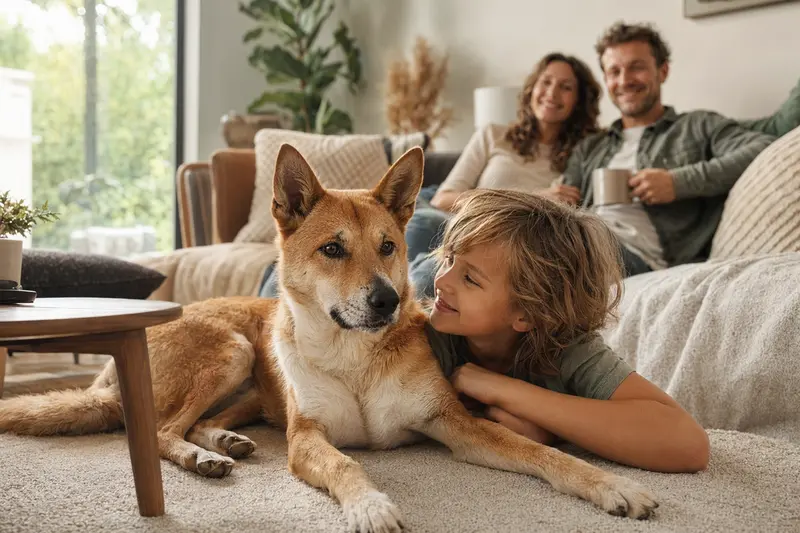 Ein entspannter Dingo Hund liegt neben einem Kind im hellen Wohnzimmer.
