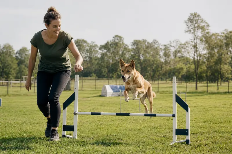 Ein aktiver Dingo Hund springt mit seinem Besitzer über eine kleine Trainingshürde auf dem Hundeplatz.