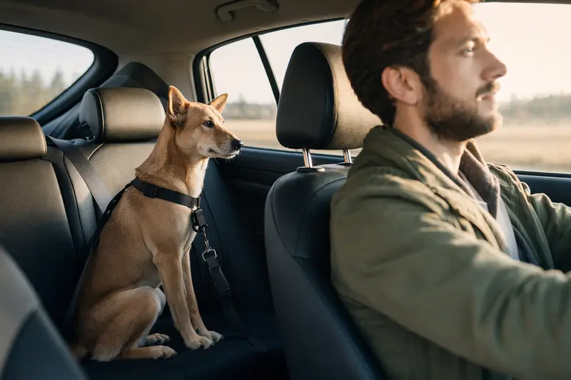 Ein Dingo Hund sitzt angeschnallt auf der Rückbank eines Autos, während der Besitzer ruhig fährt.