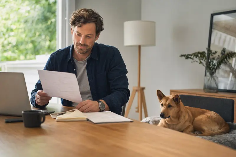 Ein Hundehalter sitzt mit Tierarztrechnung am Tisch, während ein entspannter Dingo auf einer Decke liegt und die Situation zum Thema Hundeversicherung ruhig begleitet.