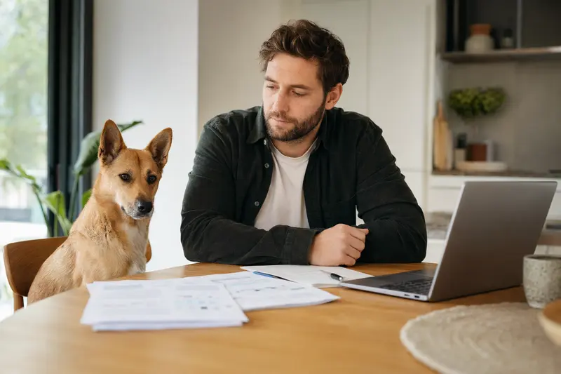 Ein Dingo Hund sitzt entspannt neben seinem Besitzer am Küchentisch, auf dem Versicherungsunterlagen und ein Laptop liegen.