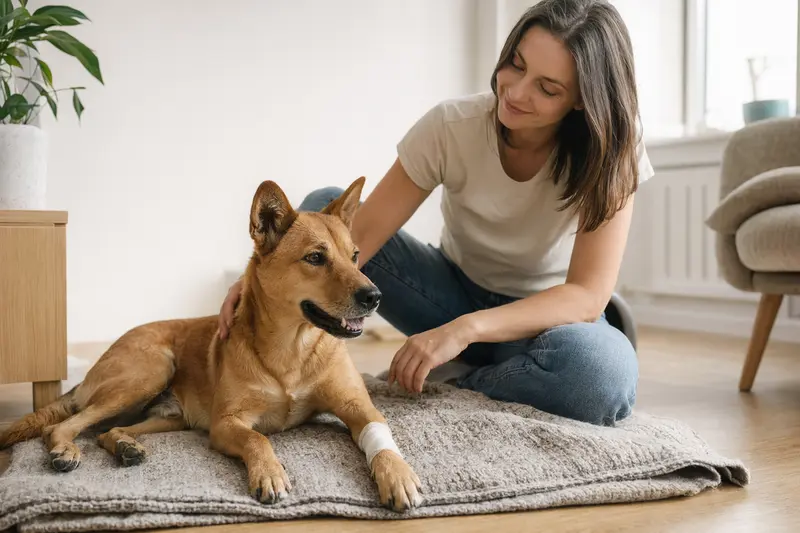 Ein Dingo Hund mit leichtem Verband an der Pfote liegt entspannt auf einer Decke, während sein Besitzer neben ihm sitzt und erleichtert wirkt, in einer hellen Wohnung.