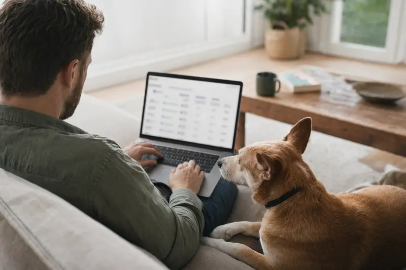 Besitzer mit Dingo Hund sitzt am Laptop auf dem Sofa und vergleicht Tierkrankenversicherungen in einer ruhigen Wohnung.