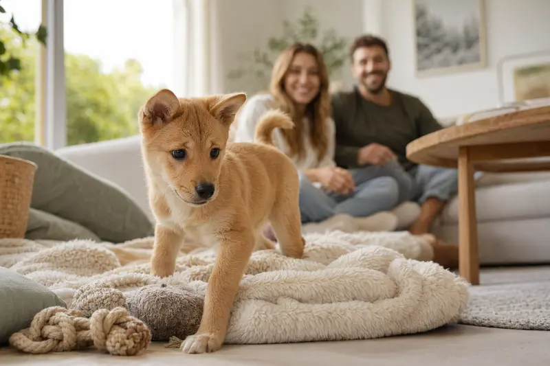 Ein junger Dingo Welpe erkundet neugierig sein neues Zuhause mit einer weichen Decke und Spielzeug, während eine liebevolle Familie im Hintergrund zu sehen ist.