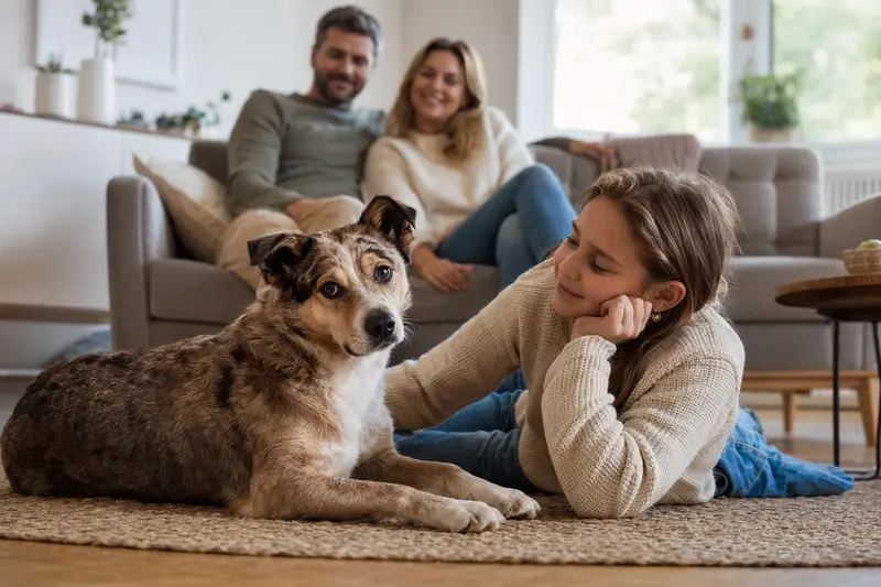 Ein entspannter Dixie Dingo Hund liegt neben einem Kind in einem hellen Wohnzimmer, während die Eltern im Hintergrund spielen.
