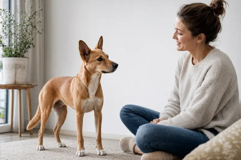 Ein Dixie Dingo Hund steht aufmerksam vor hellem Hintergrund in einem realistischen Hundeportrait.