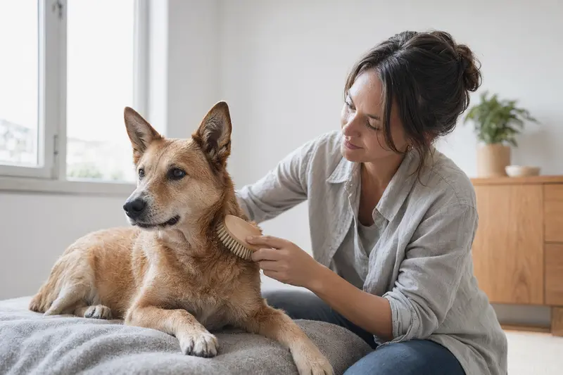 Ein Dixie Dingo Hund wird in einer hellen Wohnung liebevoll gebürstet, während der Besitzer die Fellpflege ruhig und sorgfältig übernimmt.