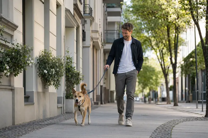 Ein Dixie Dingo Hund läuft entspannt an der Leine mit seinem Besitzer durch eine moderne Stadtstraße.