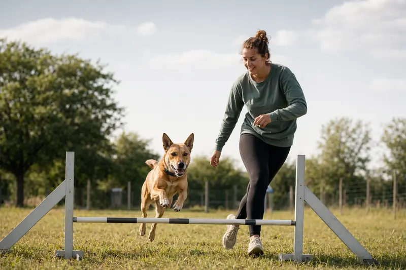 Ein aktiver Dingo-Hund trainiert mit seinem Besitzer über eine kleine Hürde auf dem Hundeplatz bei sonnigem Wetter.