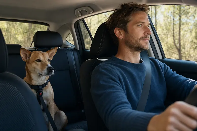 Ein Dixie Dingo Hund sitzt sicher angeschnallt auf der Rückbank eines Autos und genießt die Fahrt in der Sonne.