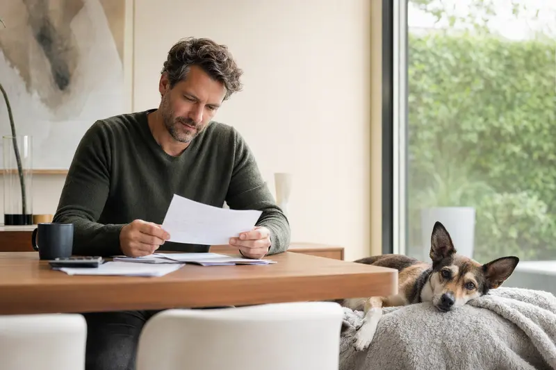Ein Hundebesitzer sitzt mit einer Tierarztrechnung am Tisch, während ein entspannter Dixie-Dingo-Hund auf einer Decke liegt.