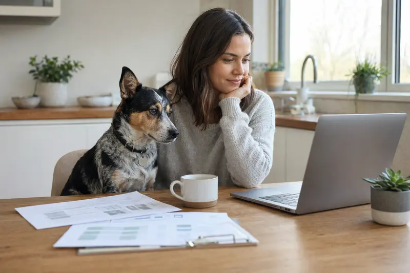 Ein Dixie Dingo Hund sitzt entspannt neben seinem Besitzer am Küchentisch, auf dem Versicherungsunterlagen und ein Laptop zur Vergleichsseite liegen.