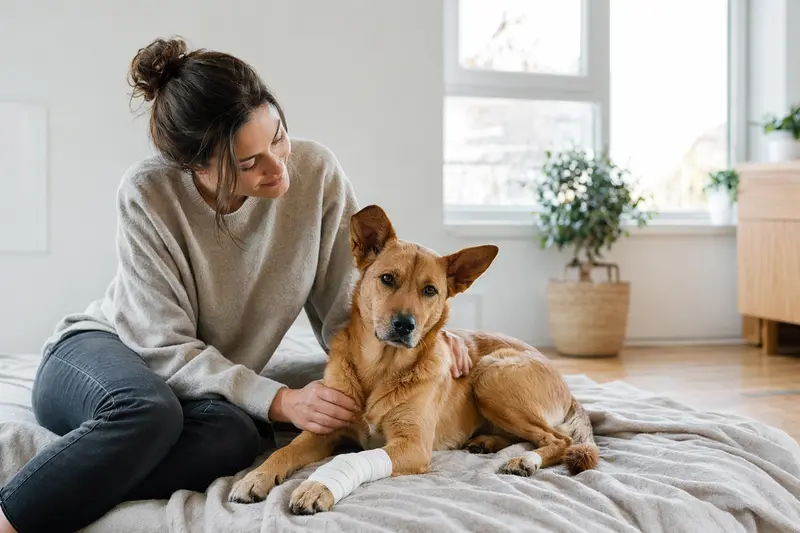 Ein Dixie Dingo Hund mit einem leichten Verband an der Pfote liegt entspannt auf einer Decke neben seinem besorgten Besitzer in einer hellen Wohnung.