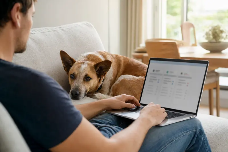 Ein Hundehalter sitzt mit einem Laptop auf dem Sofa, während sein Dixie Dingo Hund entspannt daneben liegt und ihm Gesellschaft leistet.