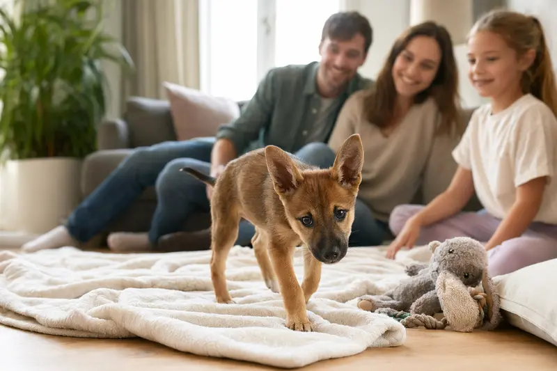 Ein neugieriger Dixie Dingo Welpe erkundet sein neues Zuhause mit einer weichen Decke und Spielzeug im Fokus.