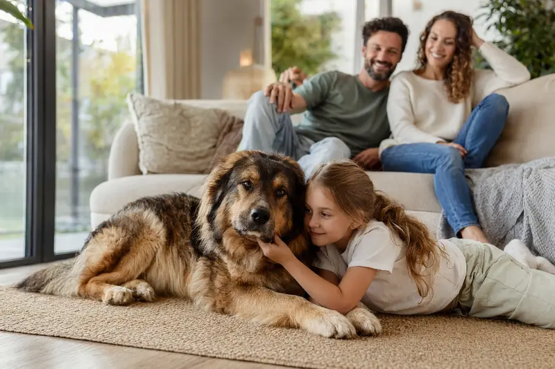 Ein freundlicher Do Khyi Hund entspannt neben einem Kind im Wohnzimmer und vermittelt eine warme Familienatmosphäre.