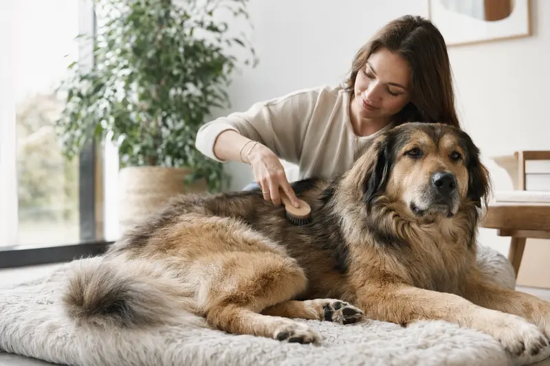 Ein Do Khyi Hund wird in einer hellen Wohnung sanft gebürstet, während sein Besitzer liebevoll die Fellpflege übernimmt.