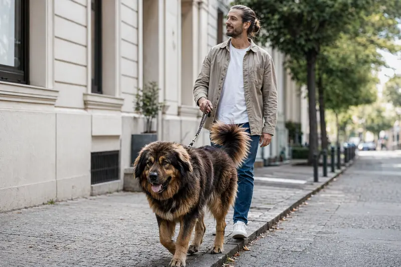 Ein Do-Khyi-Hund läuft an der Leine mit seinem Besitzer entspannt durch eine moderne Stadtstraße.
