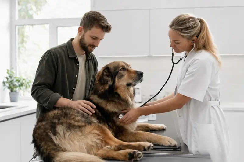 Ein ruhiger Do Khyi Hund wird von einer freundlichen Tierärztin mit einem Stethoskop in einer modernen Tierarztpraxis untersucht.
