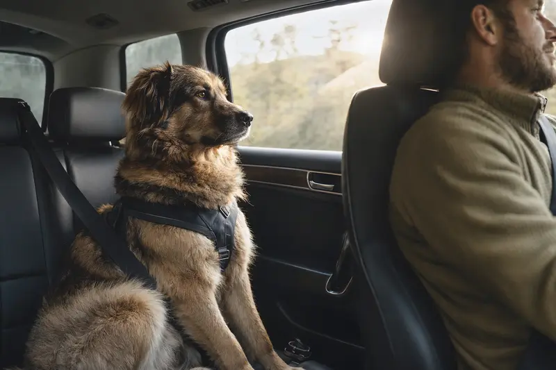 Ein Do Khyi Hund sitzt sicher mit angelegtem Sicherheitsgurt auf der Rückbank eines Autos, während sein Besitzer entspannt fährt und Sonnenlicht durch das Fenster strömt.