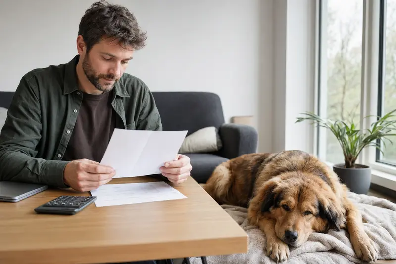 Ein Hundebesitzer sitzt mit einer Tierarztrechnung am Tisch, während ein entspannter Do Khyi auf einer Decke daneben liegt – ein ruhiges Motiv zum Thema Tierarztkosten und Hundekrankenversicherung.