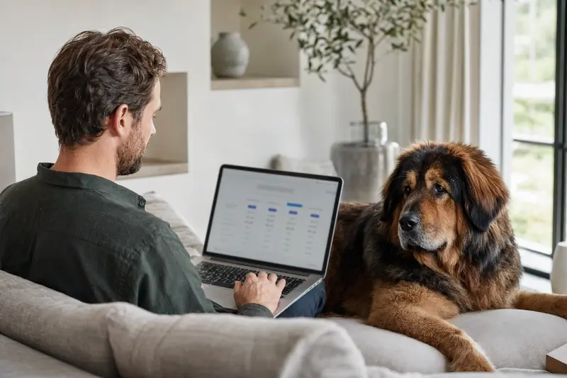 Ein Hundebesitzer sitzt mit Laptop auf dem Sofa, während ein Do Khyi Hund neben ihm liegt und eine neutrale Versicherungsvergleichsseite auf dem Bildschirm angezeigt wird.