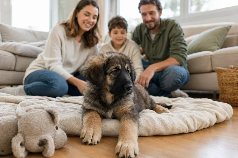 Ein neugieriger Do Khyi Welpe erkundet seine neue Umgebung mit einer liebevollen Familie im Hintergrund.