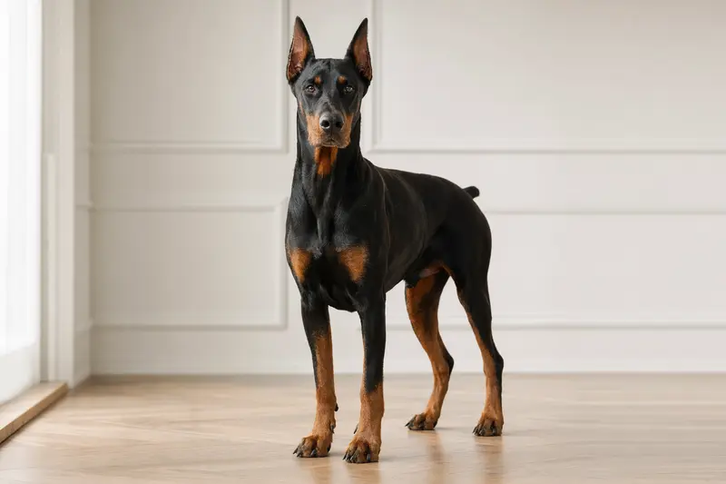 Ein aufmerksamer Dobermann steht in natürlicher Haltung vor hellem Hintergrund und wird als realistisches Hundeportrait mit weichem Licht gezeigt.