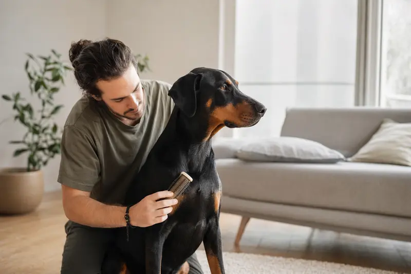 Ein Dobermann wird in einer hellen Wohnung sanft gebürstet, während sich der Besitzer liebevoll um die Fellpflege kümmert.